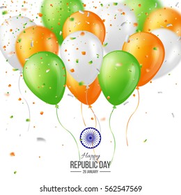 Happy Indian Republic day celebration poster or banner background, card. Three color balloons with confetti. Vector illustration.