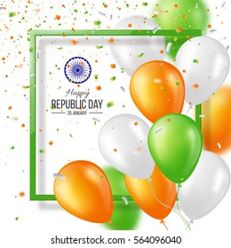 Happy Indian Republic day celebration poster or banner background, card. Three color balloons with confetti. Vector illustration. EPS 10.