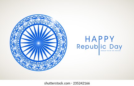 Happy Indian Republic Day celebrations with shiny decorated Ashoka Wheel on grey background.