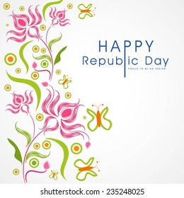 Happy Indian Republic Day celebrations with beautiful floral design and butterflies on grey background. 