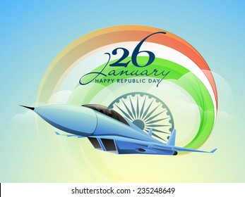 Happy Indian Republic Day celebrations with text 26 January, Ashoka Wheel and fighter airplane making national tricolors on nature view background. 