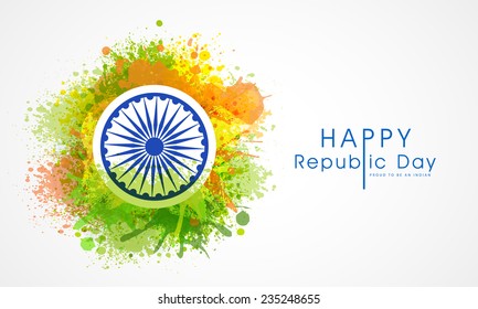 Happy Indian Republic Day celebrations with Ashoka Wheel on colors splash background.