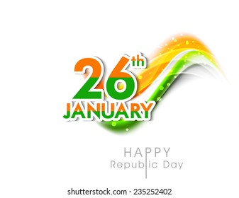 Happy Indian Republic Day celebrations with sticker design of text 26th January and shiny national flag colors on white background.