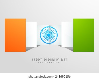 Happy Indian Republic Day celebrations with national flag colors boards and Ashoka Wheel on grey background.