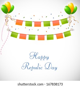 Happy Indian Republic Day concept with decorative in national tricolor with balloons on grey background. 