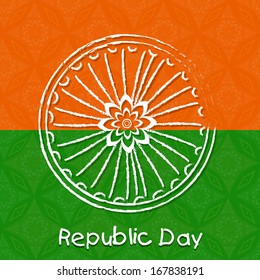 Happy Indian Republic Day concept with ashoka wheel on saffron and green background. 