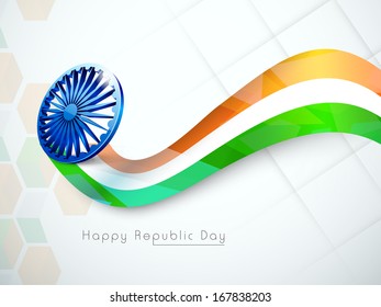 Happy Indian Republic Day concept with shiny waves in national flag color with ashoka wheel on grey background. 