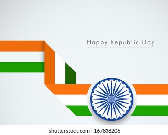 Happy Indian Republic Day concept with stylish stripe in national flag color with ashoka wheel on grey background. 