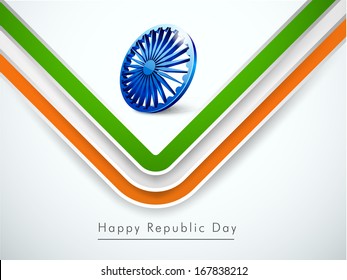 Happy Indian Republic Day concept with stylish lines  in national flag color with ashoka wheel on grey background. 