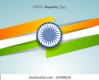 Happy Indian Republic Day concept with national flag color  with ashoka wheel on blue background. 