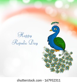 Happy Indian Republic Day concept with national bird peacock in dancing position on tricolors background. 