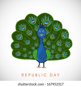 Happy Indian Republic Day concept with national bird peacock in dancing position on grey background. 