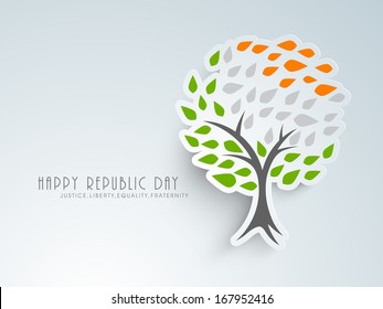 Happy Indian Republic Day concept with tree having national tricolours leaves on grey background. 