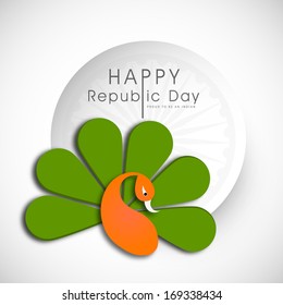 Happy Indian Republic Day concept with illustration of peacock in national flag colors on grey background. 