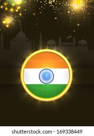 Happy Indian Republic Day concept with badge in national flag colors on fireworks night background. 