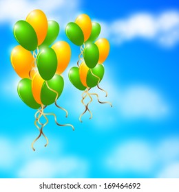 Happy Indian Republic Day concept with shiny balloons in national flag colors, in the sky. 