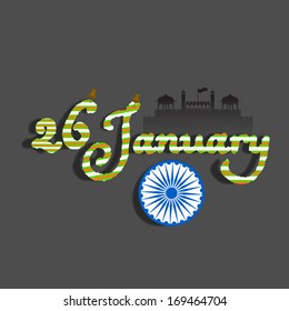 Happy Indian Republic Day concept with stylish text and silhouette of Red Fort, Ashoka Wheel on grey background. 