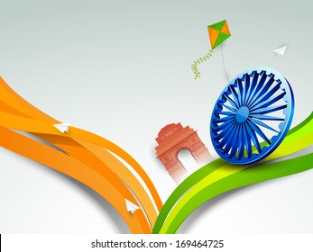 Happy Indian Republic Day concept with stylish Ashoka Wheel, India Gate and shiny paint in national flag colors on blue background. 