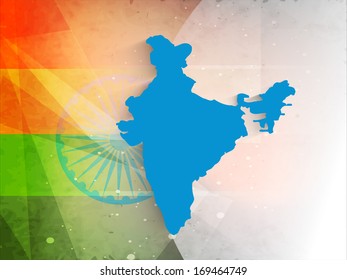 Happy Indian Republic Day concept with republic of India map in blue color on national flag colors background.