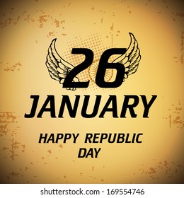 Happy Indian Republic Day concept with stylish text 26 January on grungy brown background with wings. 