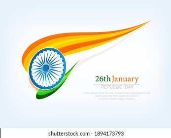 Happy Indian Republic Day concept with national flag colors wave and Ashoka Wheel on white background.