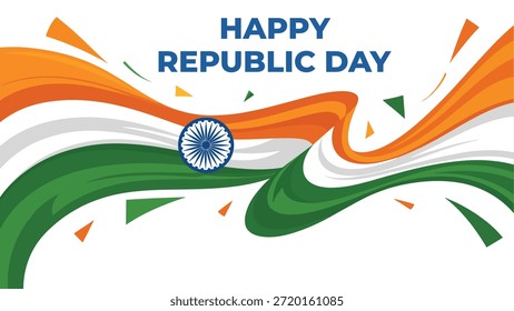 Happy Indian Republic Day dynamic tricolor wave vector illustration with ashoka chakra modern abstract patriotic design for january 26 national celebration