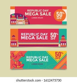 Happy Indian Republic Day mega sale banner with red fort background