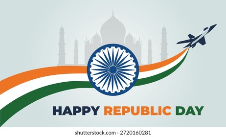 Happy Indian Republic Day vector illustration with tricolor wave ashoka chakra fighter jet and monument silhouette patriotic background for january 26 celebration