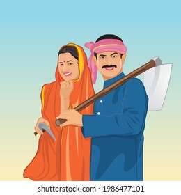 Happy Indian Rural Couple with hoe in agricultural field