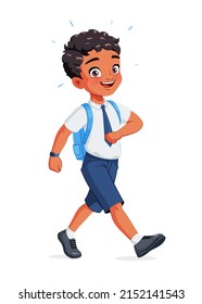 Happy Indian school boy in uniform walking with backpack. Cartoon vector illustration isolated on white background.