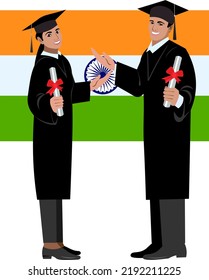 Happy Indian students in bachelor's caps in traditional clothes of graduates of higher education and diplomas on the background of the flag of India Vector