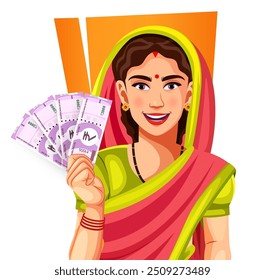 Happy Indian traditional woman in saree holding 2000 rupee note Indian currency, isolated on a white background- concept of empowerment, earnings, bank loan, and business