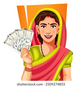 Happy Indian traditional woman in saree holding 500 rupee note Indian currency, isolated on a white background- concept of empowerment, earnings, bank loan, and business