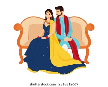 Happy Indian Wedding Couple Character Sit on Sofa in Traditional Attire.