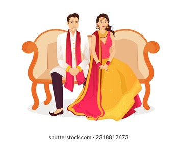 Feliz personaje de la pareja de bodas india sentada en un sofá con atuendo tradicional.