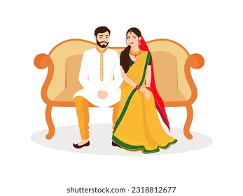 Sentada en Sofa en Saree y Sherwani, feliz personaje de la pareja de bodas indias según su cultura.