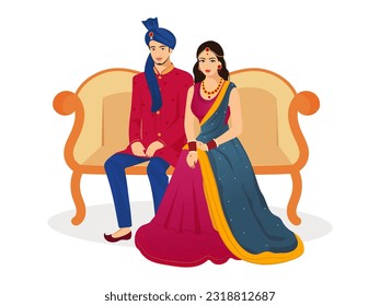 Feliz personaje de la pareja de bodas india sentada en un sofá con atuendo tradicional.