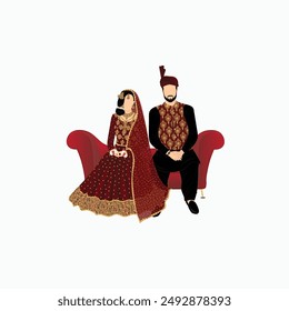 Personaje feliz de la pareja de la Boda india se sienta en el sofá en traje tradicional. Islam recién casados Ilustración vectorial de color plano. Novia y novio en el sofá. Vector lindo indio pareja de dibujos animados en traje tradicional