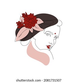 Happy Indian woman in line art portrait. Vector illustration.