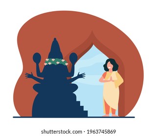 Happy Indian woman praying in temple. God, prayer, belief flat vector illustration. Religion and tradition concept for banner, website design or landing web page