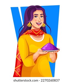 Happy indian woman wearing indian ethnic kurta dress holding color powder plate in hand celebrating Holi festival. Isolated over white background, selective focus. The world's most colorful festival.