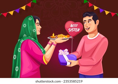 Happy Indian young brother and sister celebrating Raksha Bandhan festival. Brother giving gift to sister and best sister balloon during Raksha Bandhan