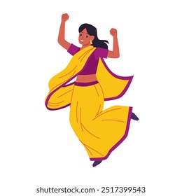 Mujer joven india feliz en sari de seda amarilla saltando para celebrar la victoria. Retrato del avatar del carácter femenino emocionado en la Ilustración vectorial de dibujos animados de la diversión energética de la danza del vestido tradicional