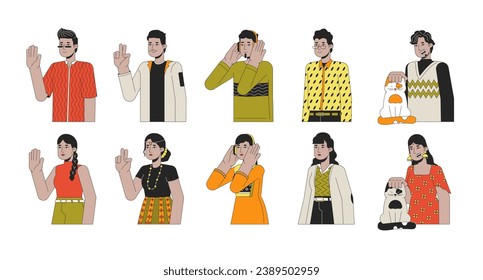 Happy indians south asians 2D linear cartoon characters set. Hindu traditional isolated line vector people white background. Welcome, headphones, kitten stroking color flat spot illustration bundle