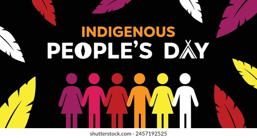 Happy Indigenous Peoples Day. People icon and feathers. Great for cards, banners, posters, social media and more. Black background.