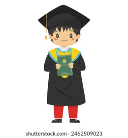 Happy Indonesia elementary student boy graduate from school, holding a graduation diploma character vector.