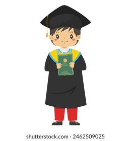 Happy Indonesia elementary student boy graduate from school, holding a graduation diploma character vector.