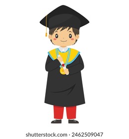 Happy Indonesia elementary student boy graduate from school, holding a certificate tube character vector.