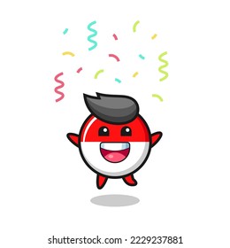 happy indonesia flag badge mascot jumping for congratulation with colour confetti , cute style design for t shirt, sticker, logo element