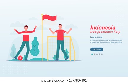 Happy indonesia Independence Day, 17 august 1945, celebrations with playing traditional game, cracker eating, sack races, spoon race, tug of war, Suitable for web landing page, social media post, ui, 